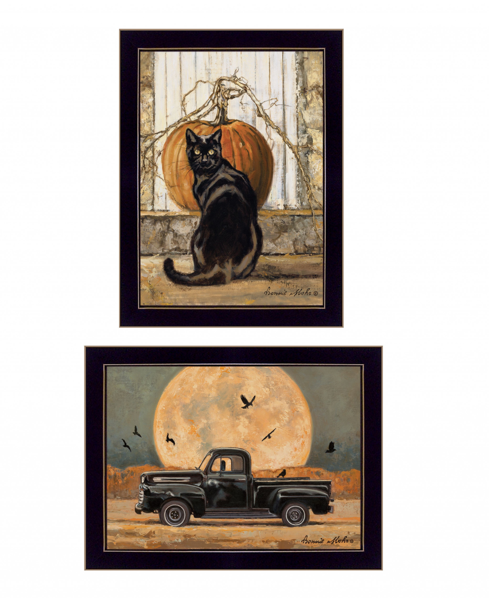 Set Of Two Harvest Moon With A Black Cat And Truck 3 Black Framed Print Wall Art-407941-1