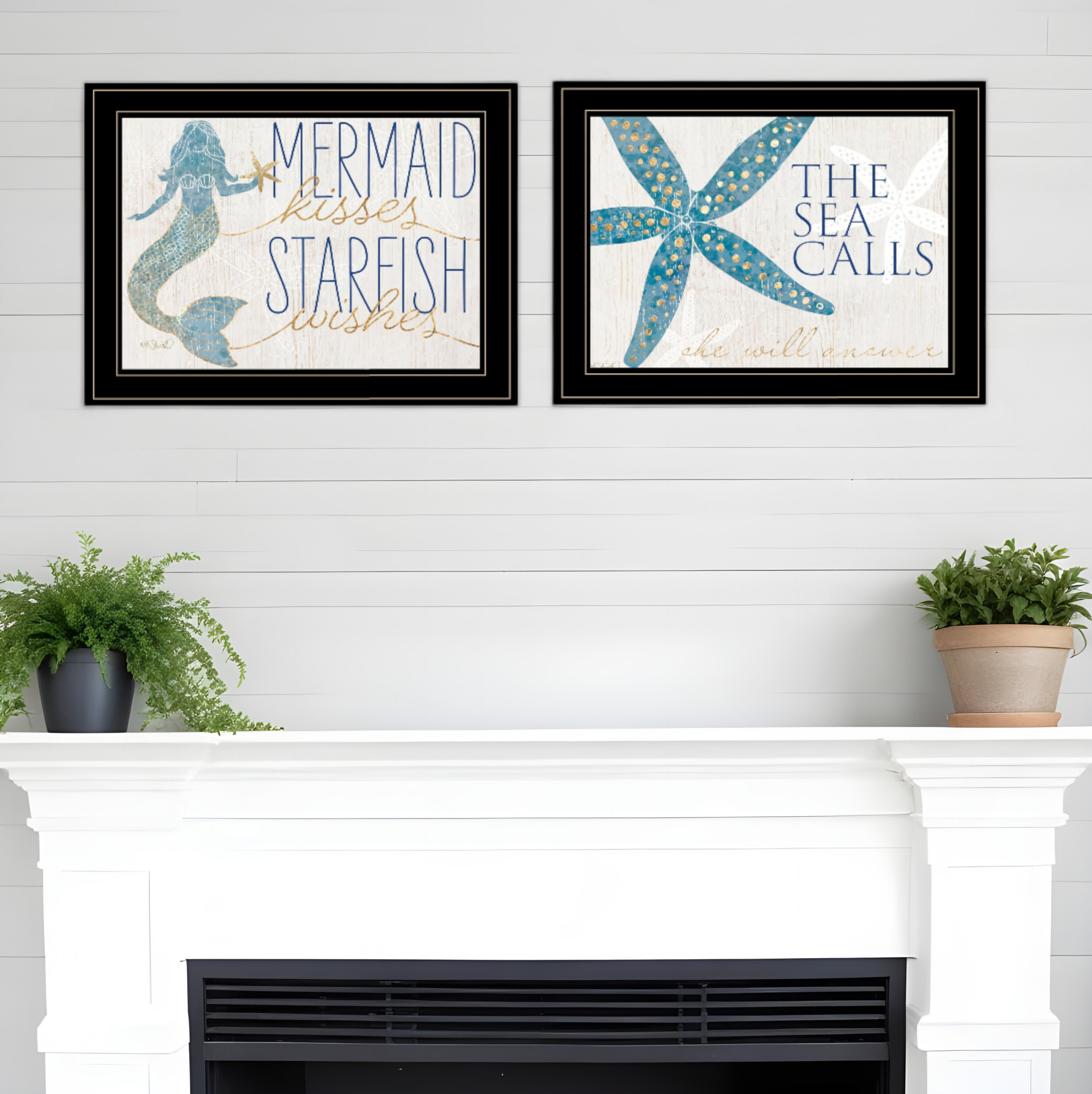 Set Of Two Mermaid Kisses Starfish Wishes 3 Black Framed Print Wall Art-408011-1
