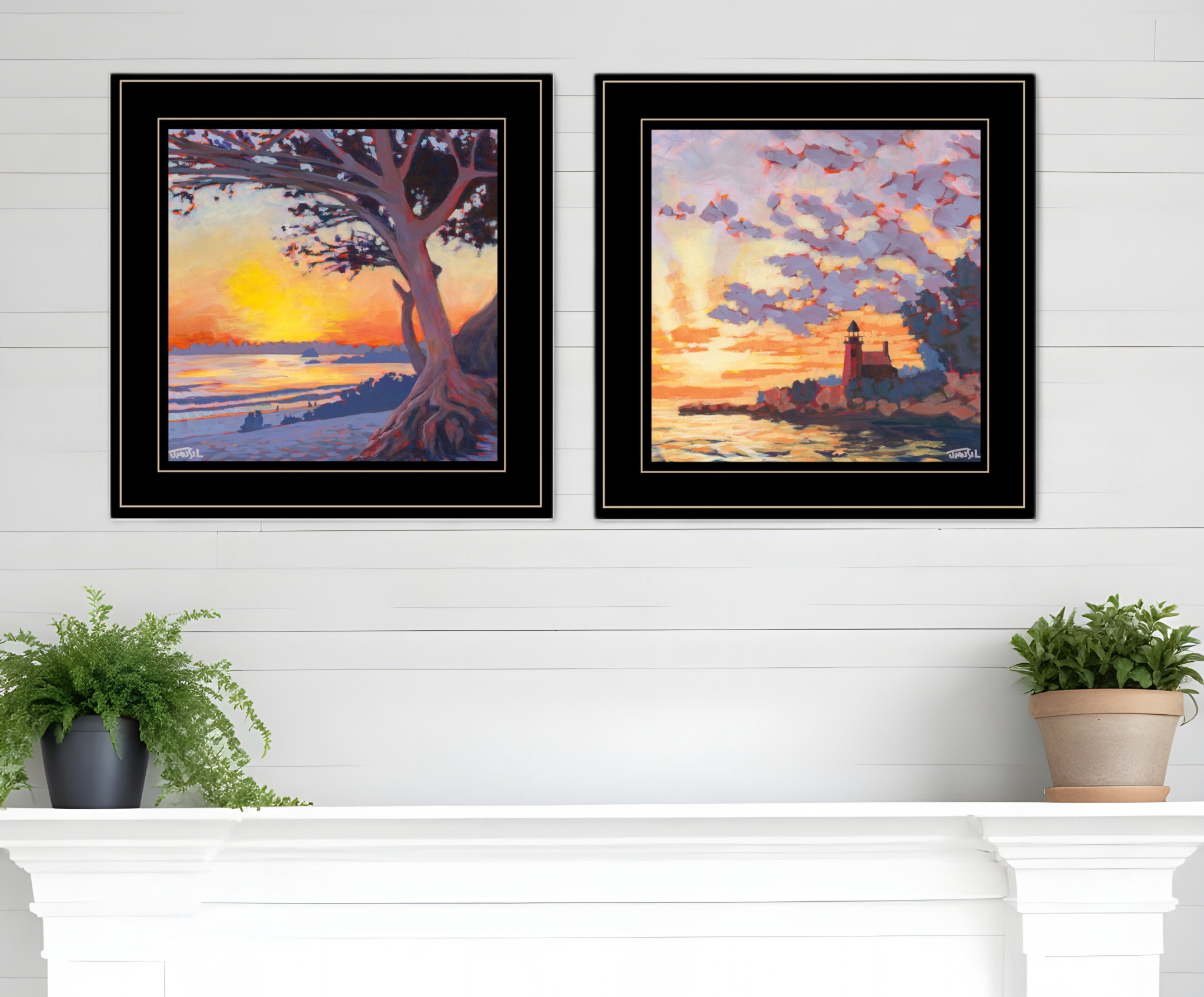 Set Of Two Carmel Beach and Lighthouse Black Framed Print Wall Art-408037-1