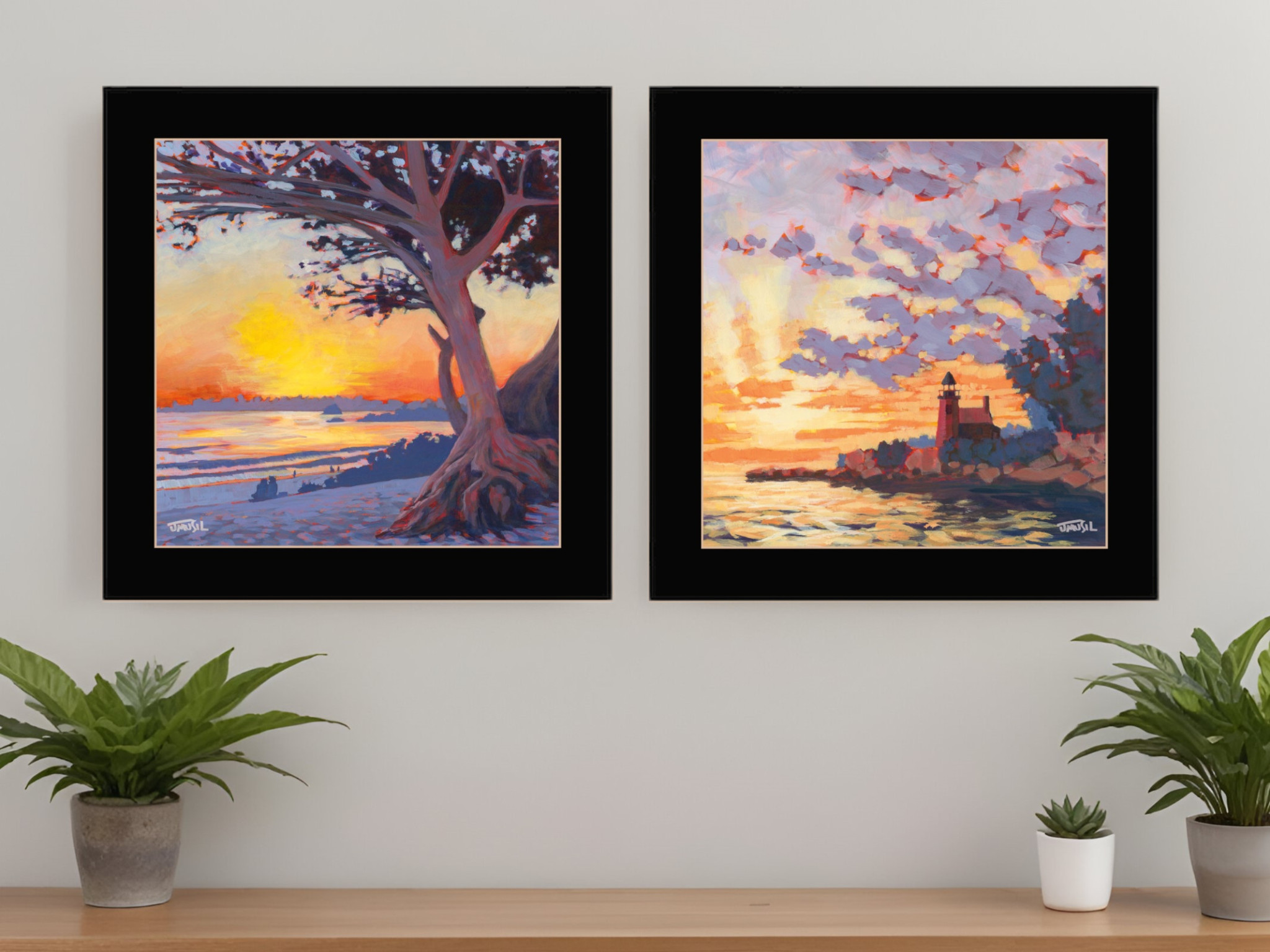 Set Of Two Carmel Beach and Lighthouse 4 Black Framed Print Wall Art-408038-1