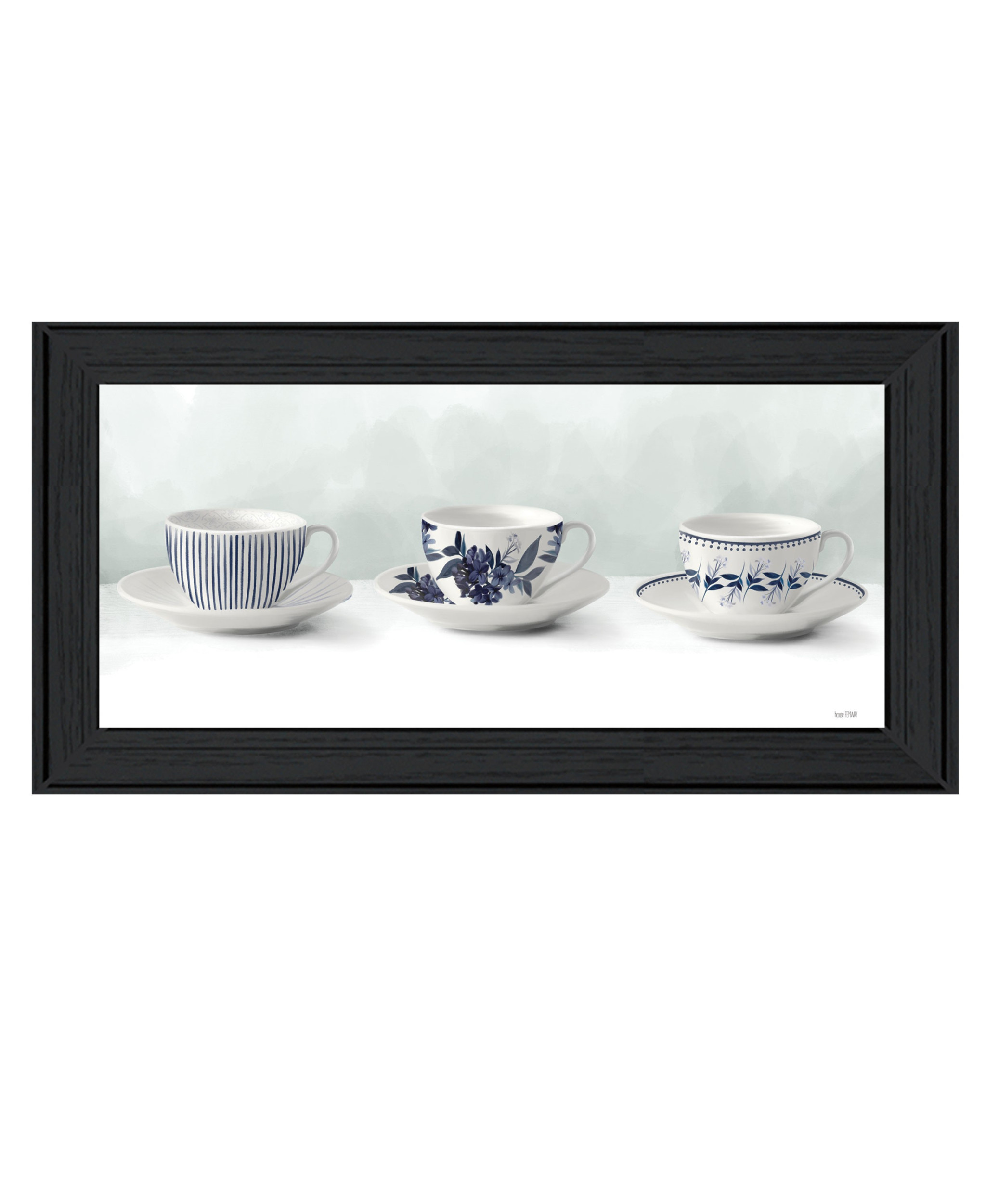 Blue and White Tea cups And Saucers Black Framed Print Wall Art