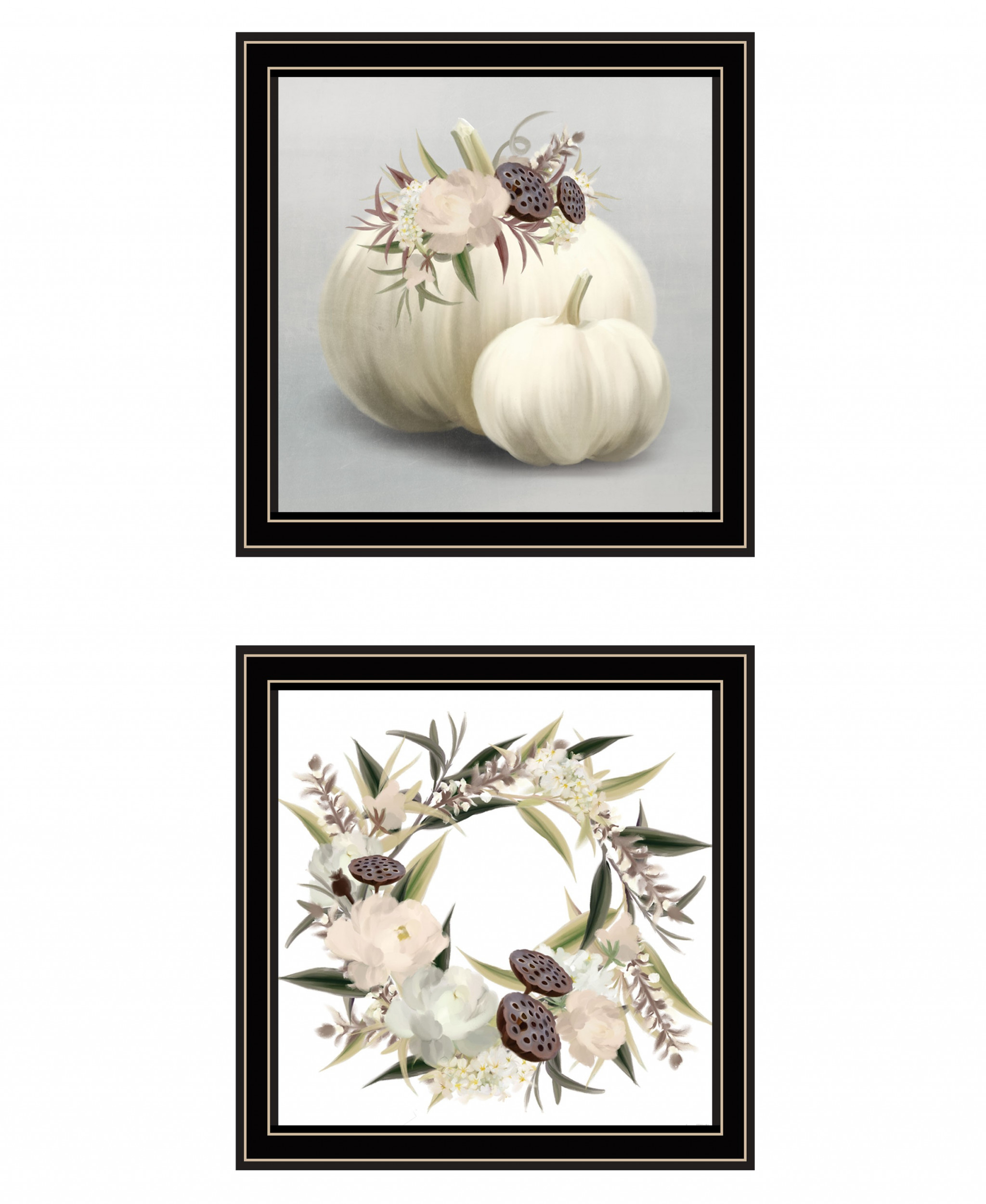 Set Of Two Boho Pumpkins And Flowers 1 Black Framed Print Wall Art