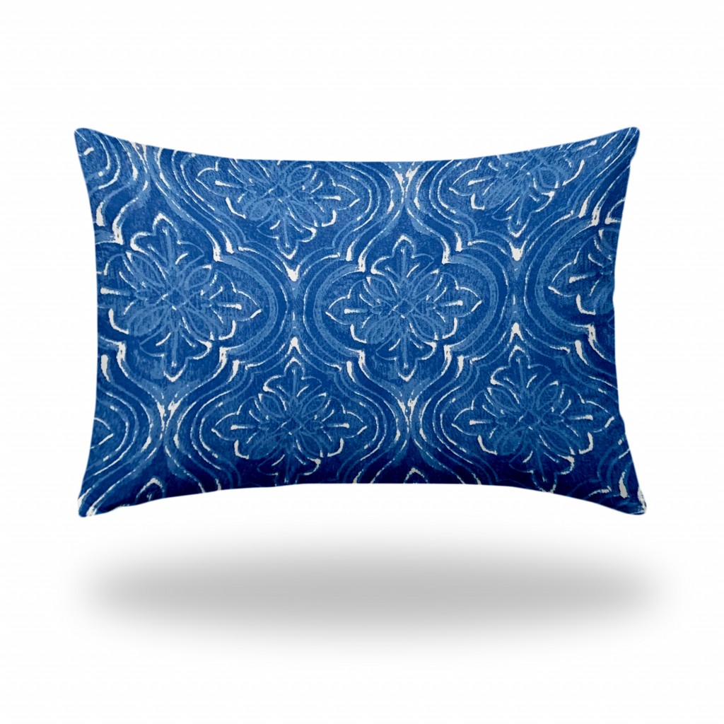 12" X 18" Blue And White Blown Seam Ikat Lumbar Indoor Outdoor Pillow-410206-1