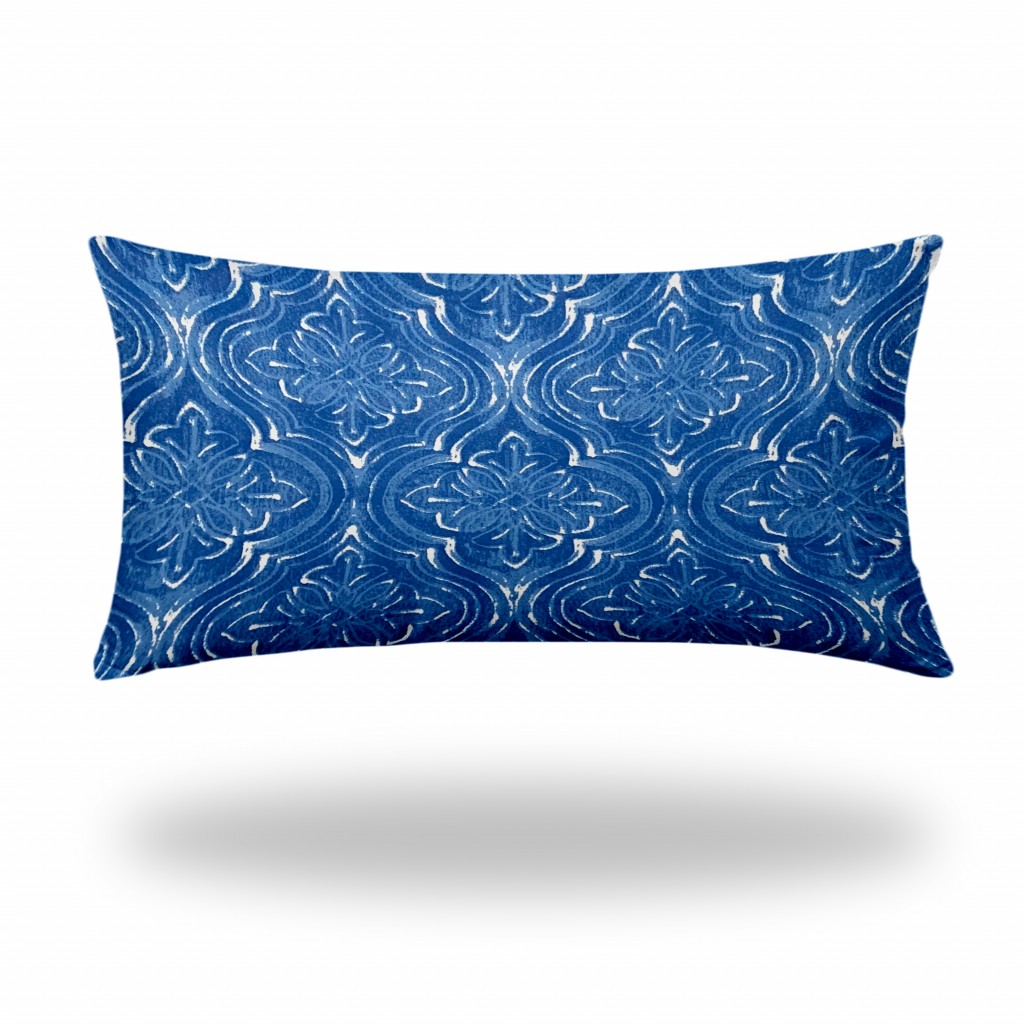 14" X 24" Blue And White Blown Seam Ikat Lumbar Indoor Outdoor Pillow-410211-1