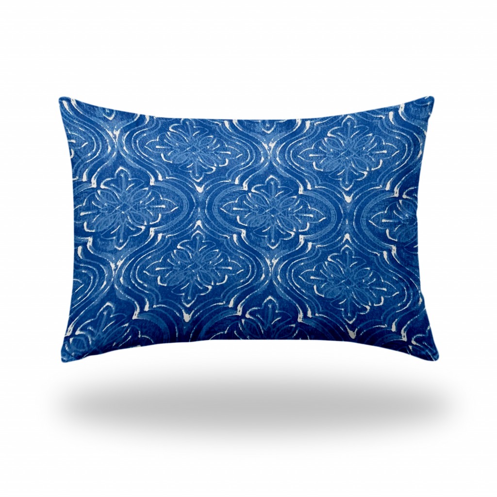 14" X 20" Blue And White Blown Seam Ikat Lumbar Indoor Outdoor Pillow-410221-1