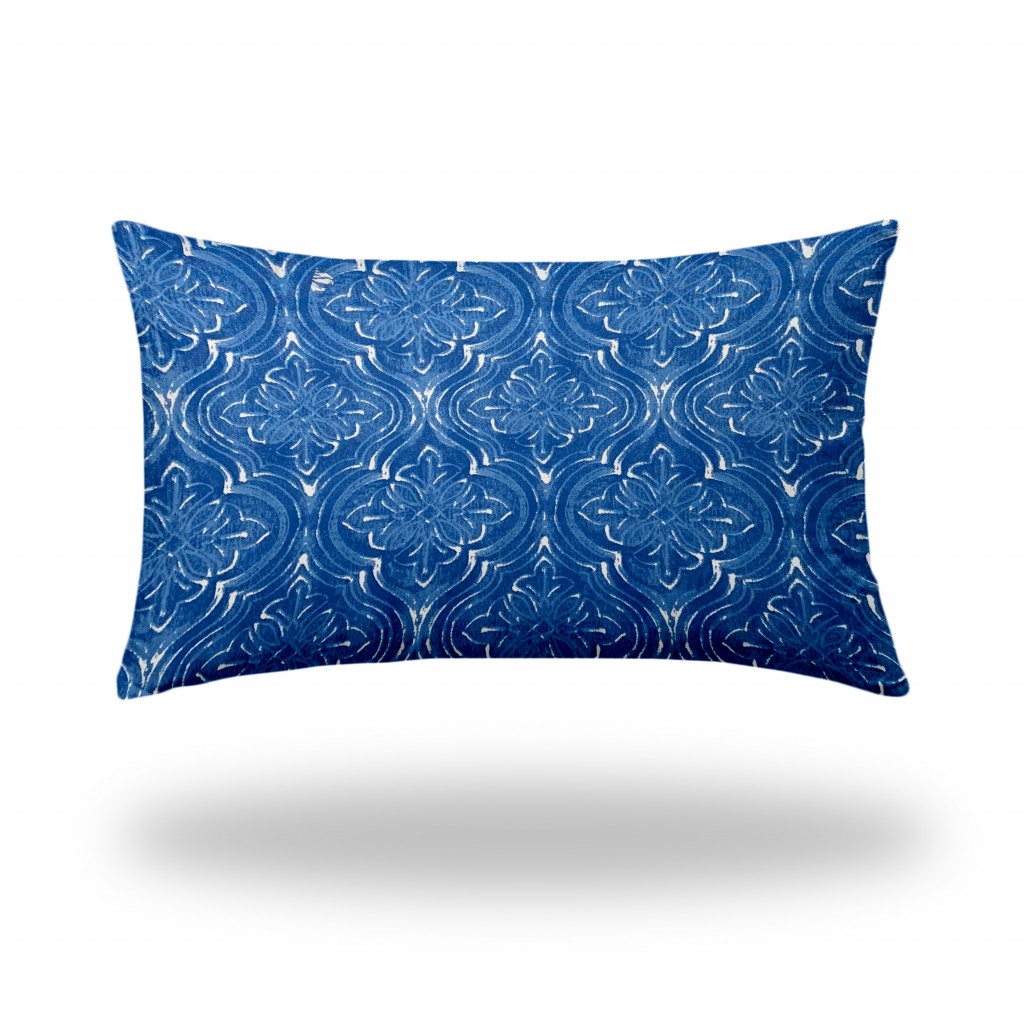 16" X 26" Blue And White Blown Seam Ikat Lumbar Indoor Outdoor Pillow-410226-1