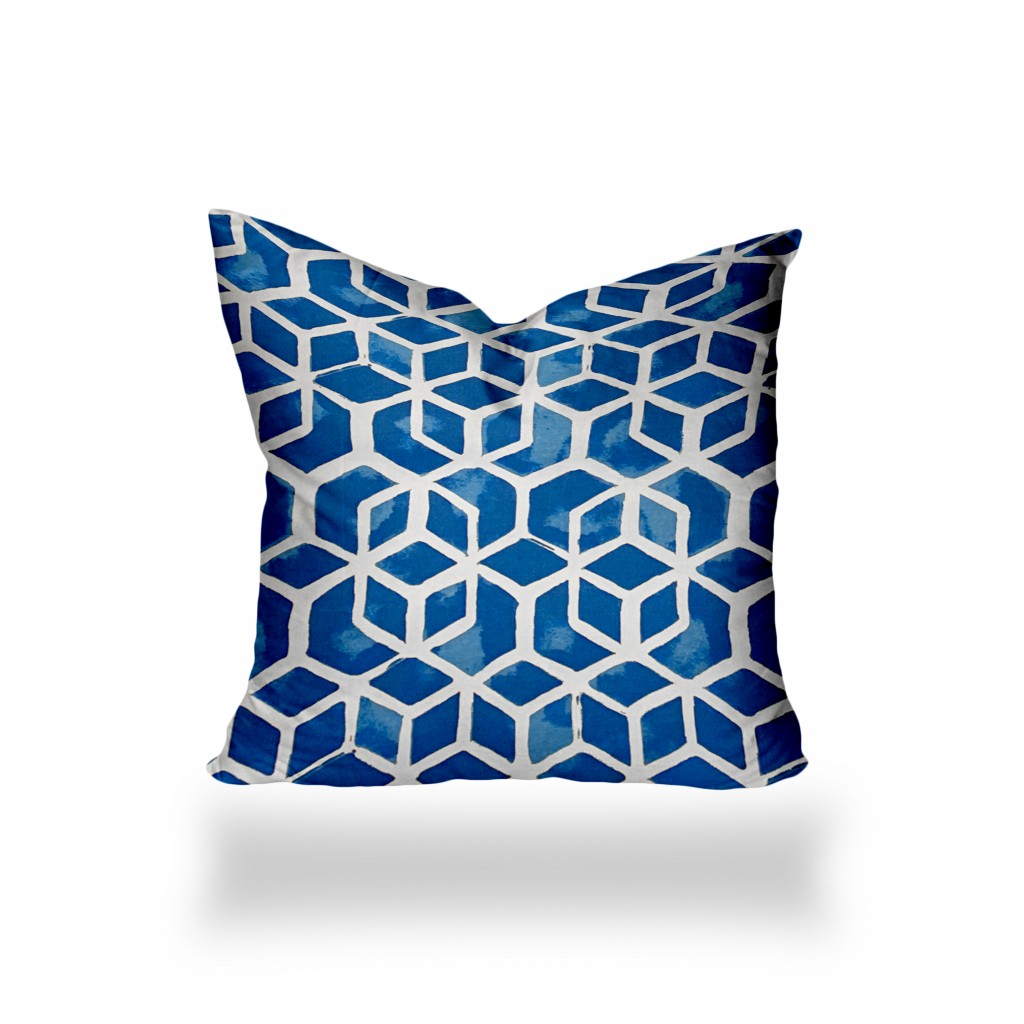 16" X 16" Blue And White Enveloped Geometric Throw Indoor Outdoor Pillow-410430-1