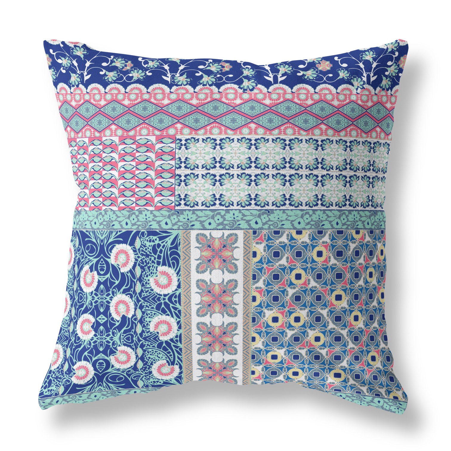 18” Blue Pink Patch Indoor Outdoor Zippered Throw Pillow-410956-1