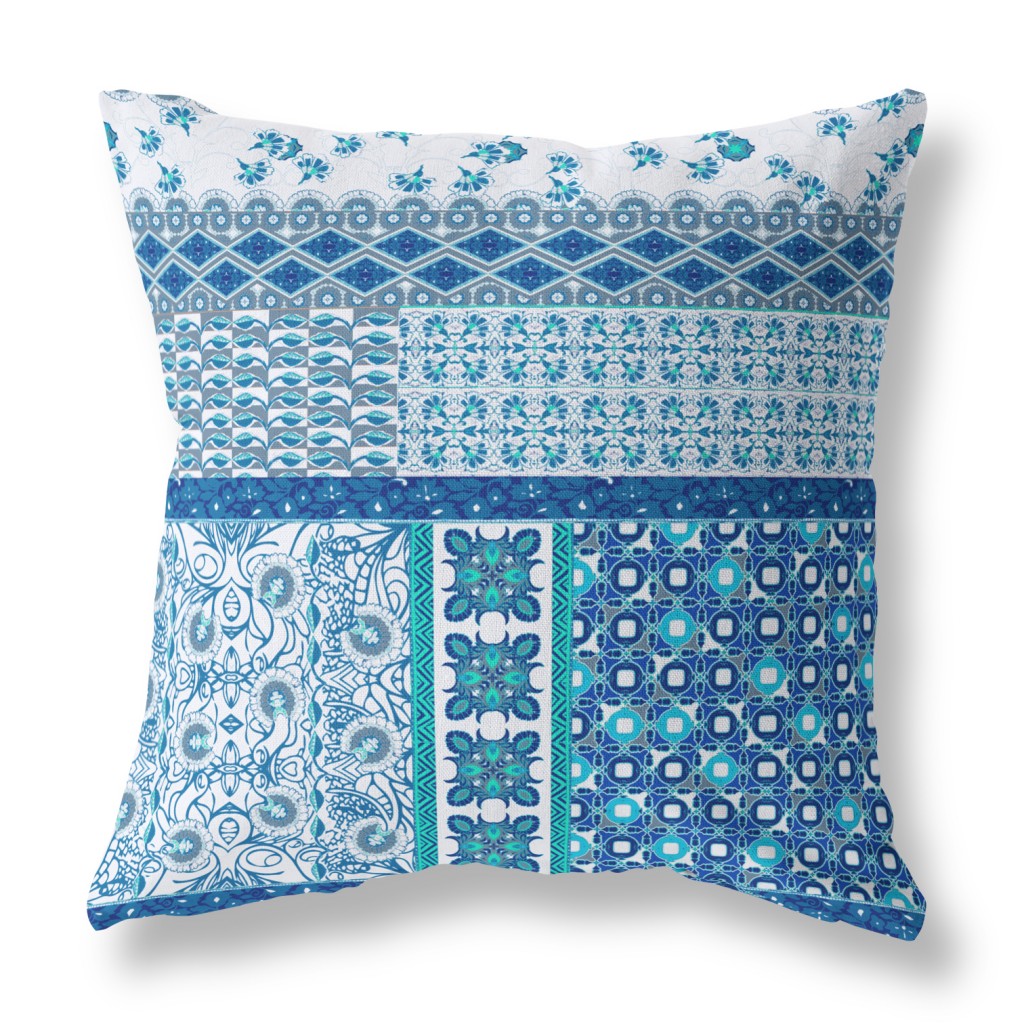 18” Blue White Patch Indoor Outdoor Zippered Throw Pillow-410961-1