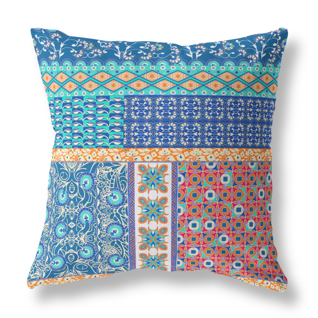 18” Blue Orange Patch Indoor Outdoor Zippered Throw Pillow-410966-1