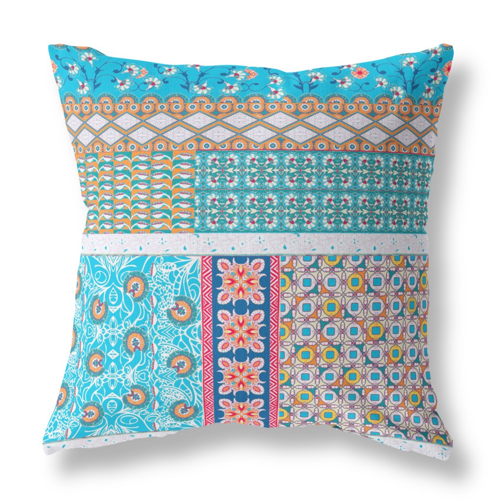 18” Turquoise White Patch Indoor Outdoor Zippered Throw Pillow-410981-1