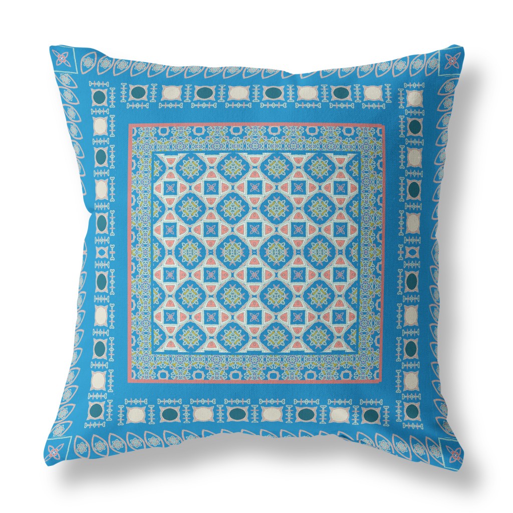 18” Blue Pink Block Indoor Outdoor Zippered Throw Pillow-411021-1