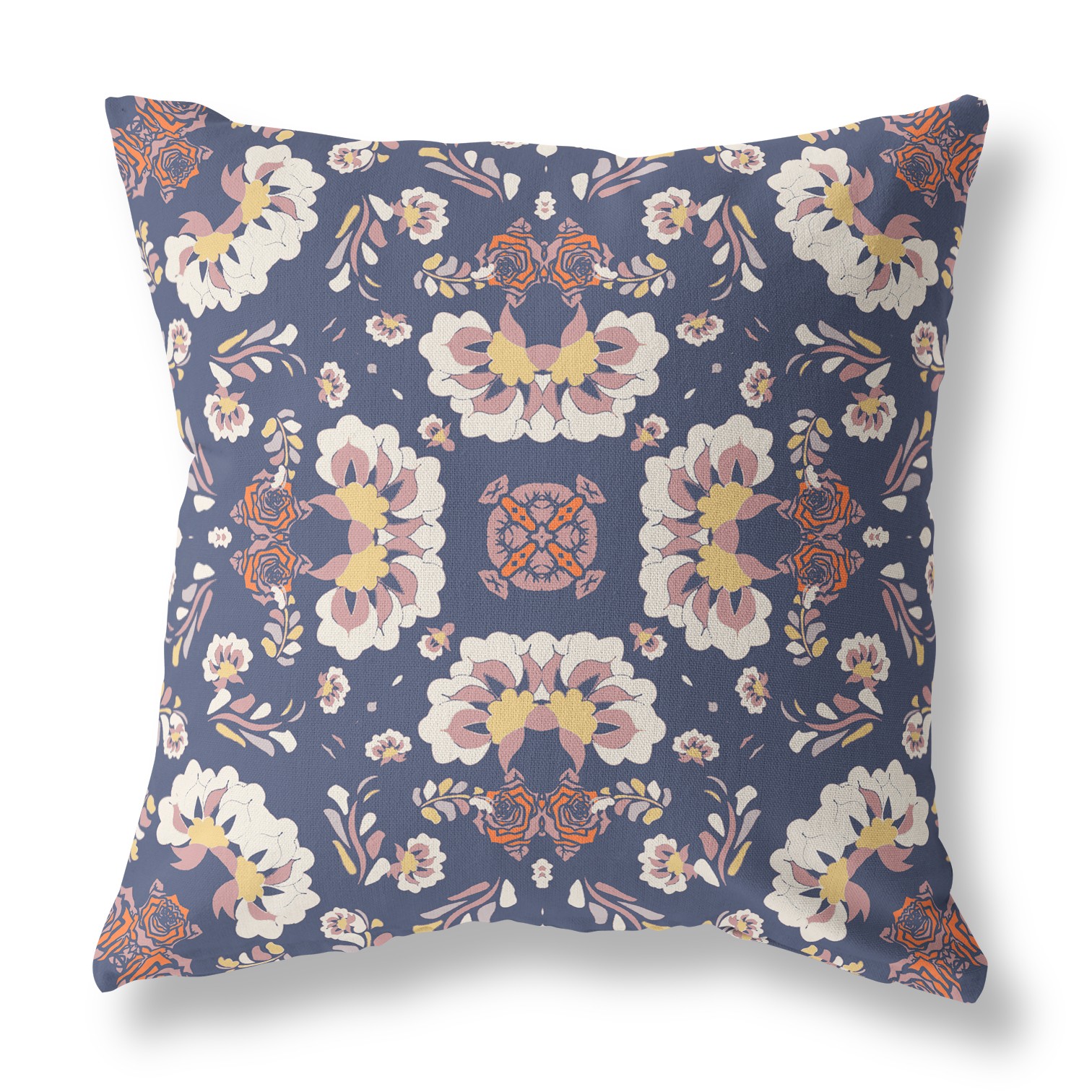 26" Blue White Floral Indoor Outdoor Zip Throw Pillow-411168-1