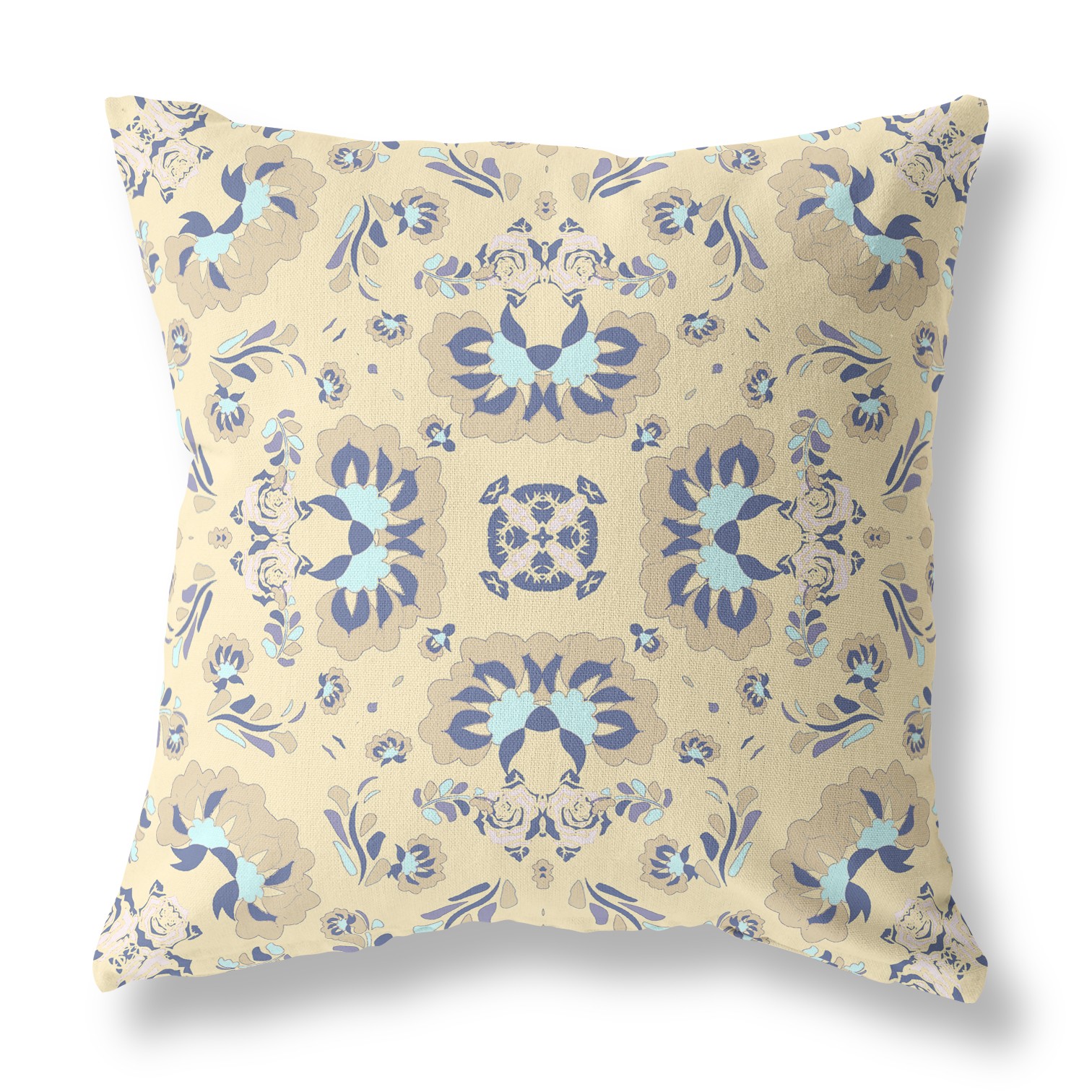 20" Beige Blue Floral Indoor Outdoor Zip Throw Pillow-411172-1