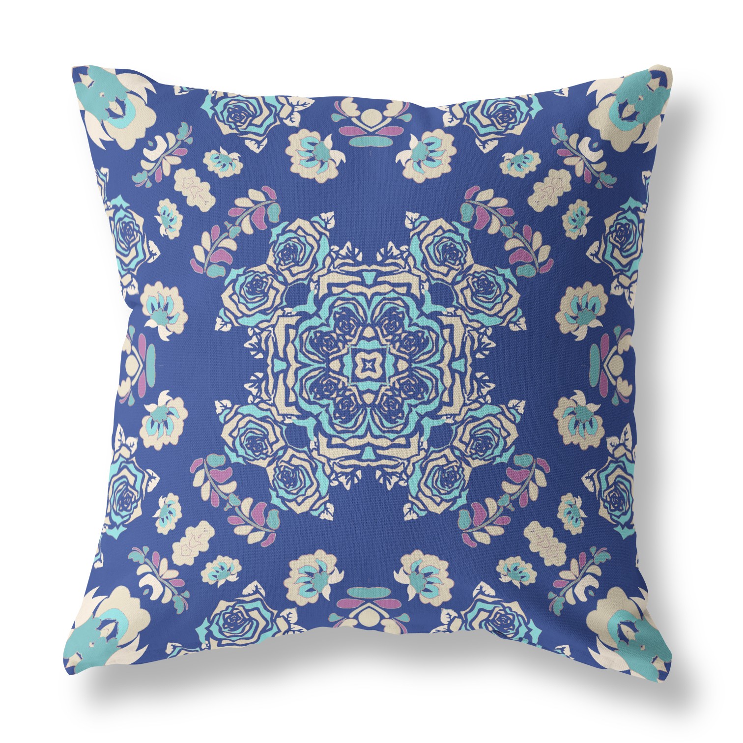 26” Blue Cream Wreath Indoor Outdoor Zippered Throw Pillow-411298-1