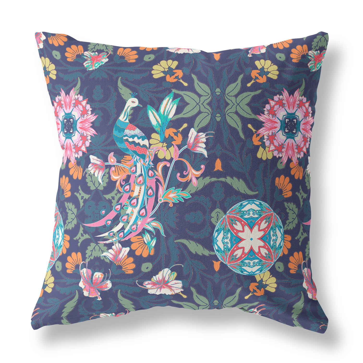 18" Navy Pink Peacock Indoor Outdoor Zip Throw Pillow-411301-1