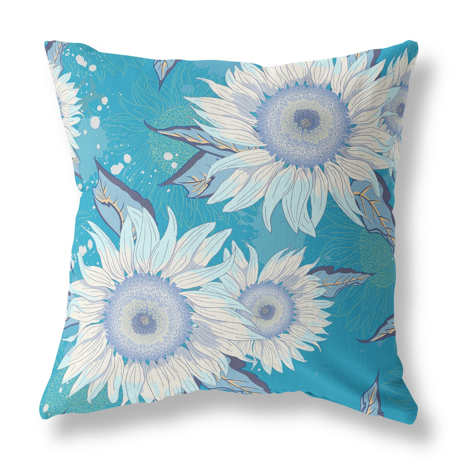 18" Aqua White Sunflower Indoor Outdoor Zippered Throw Pillow-411385-1