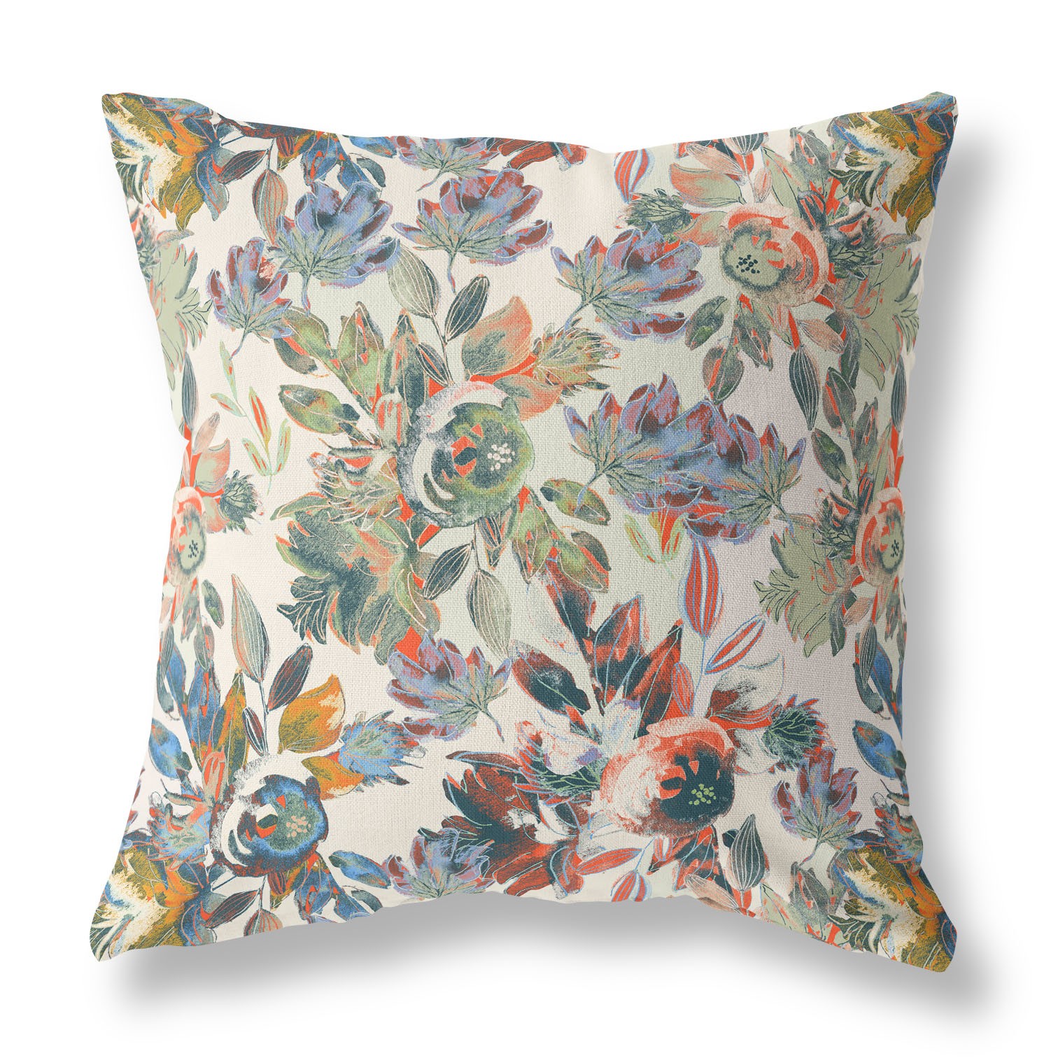 20” Green Beige Florals Indoor Outdoor Zippered Throw Pillow-411402-1