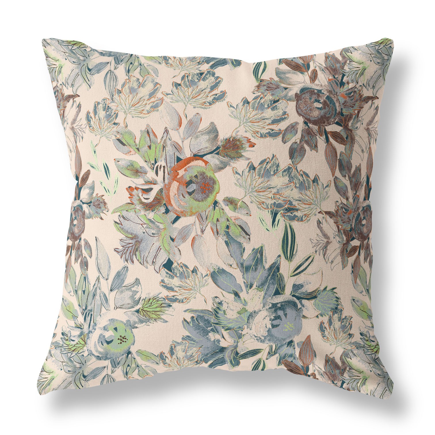 18” Green Brown Florals Indoor Outdoor Zippered Throw Pillow-411405-1