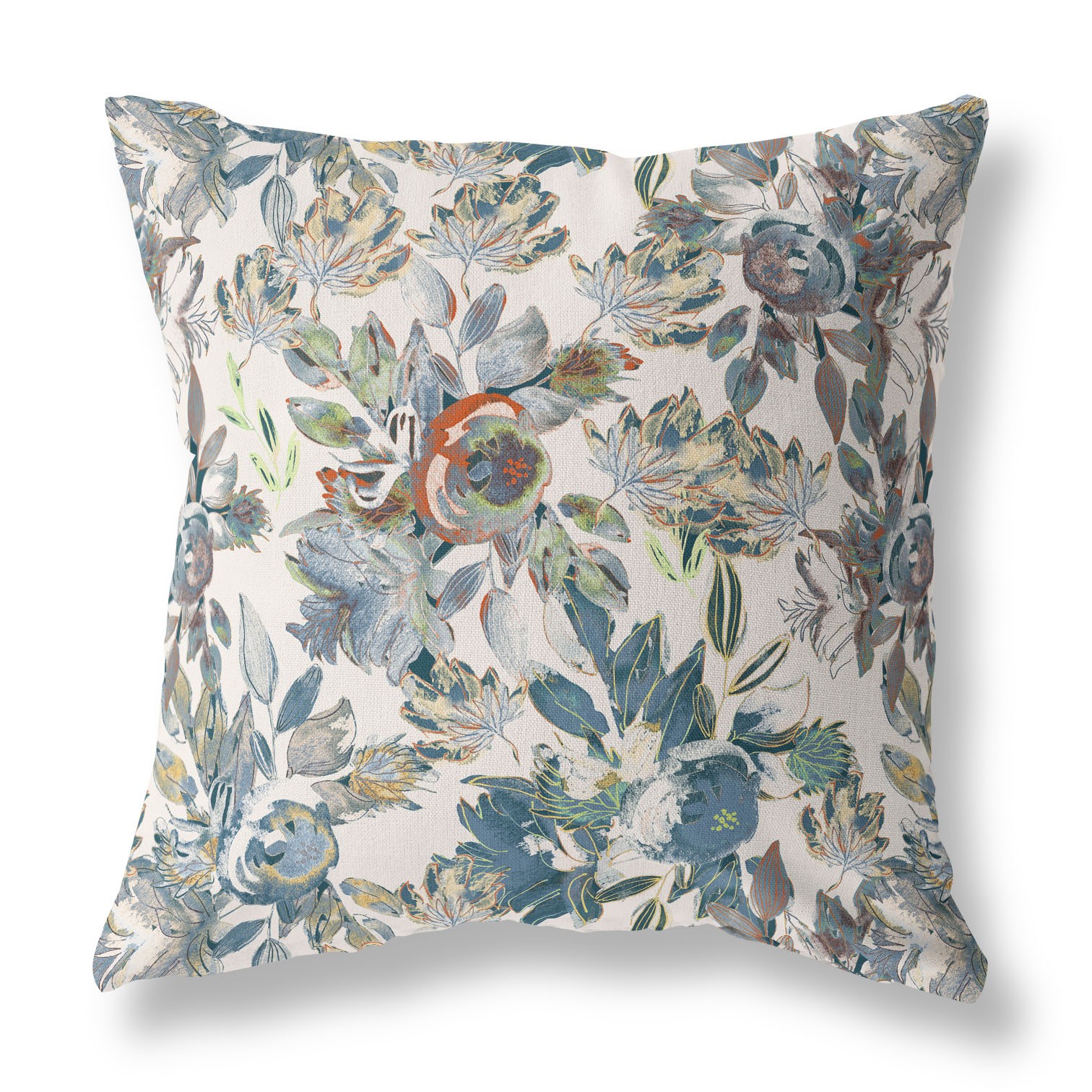 18” Blue White Florals Indoor Outdoor Zippered Throw Pillow-411409-1