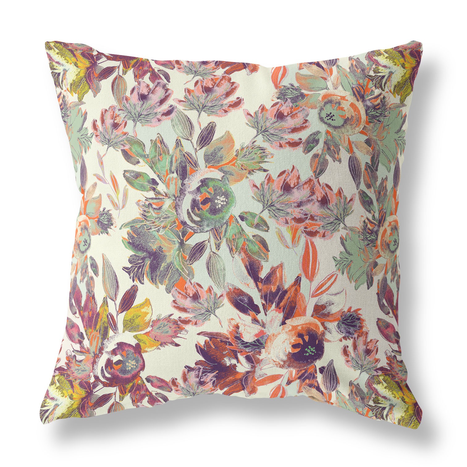 18” Orange Green Florals Indoor Outdoor Zippered Throw Pillow-411413-1