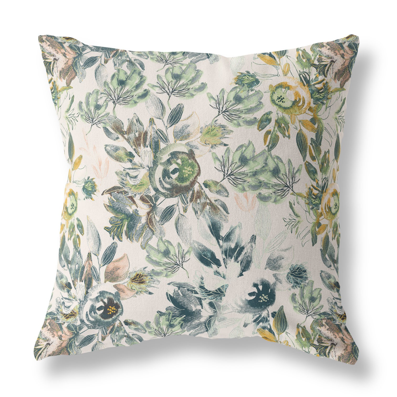 18” White Green Florals Indoor Outdoor Zippered Throw Pillow-411421-1