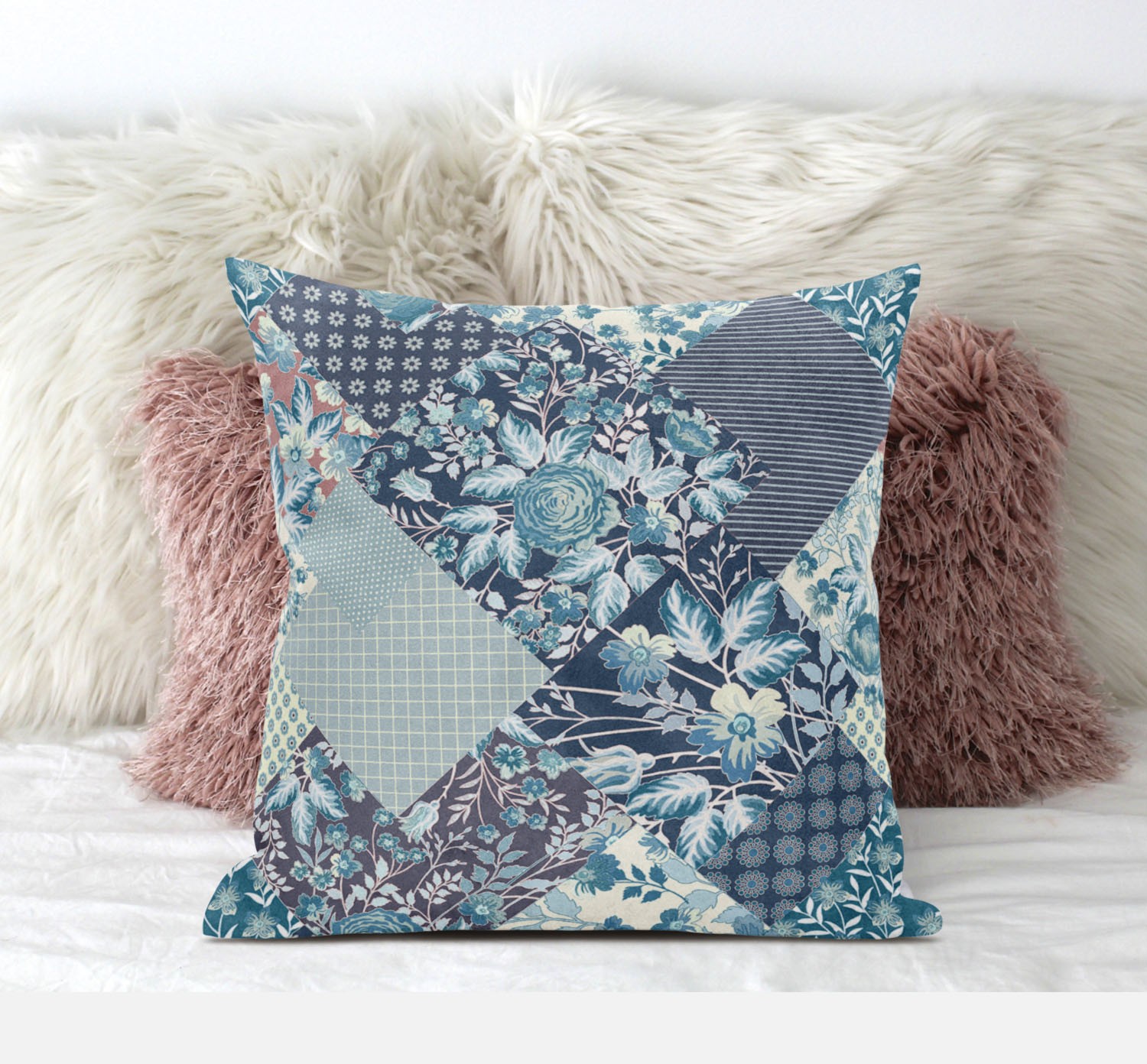 18" Blue White Floral Suede Throw Pillow-411433-1