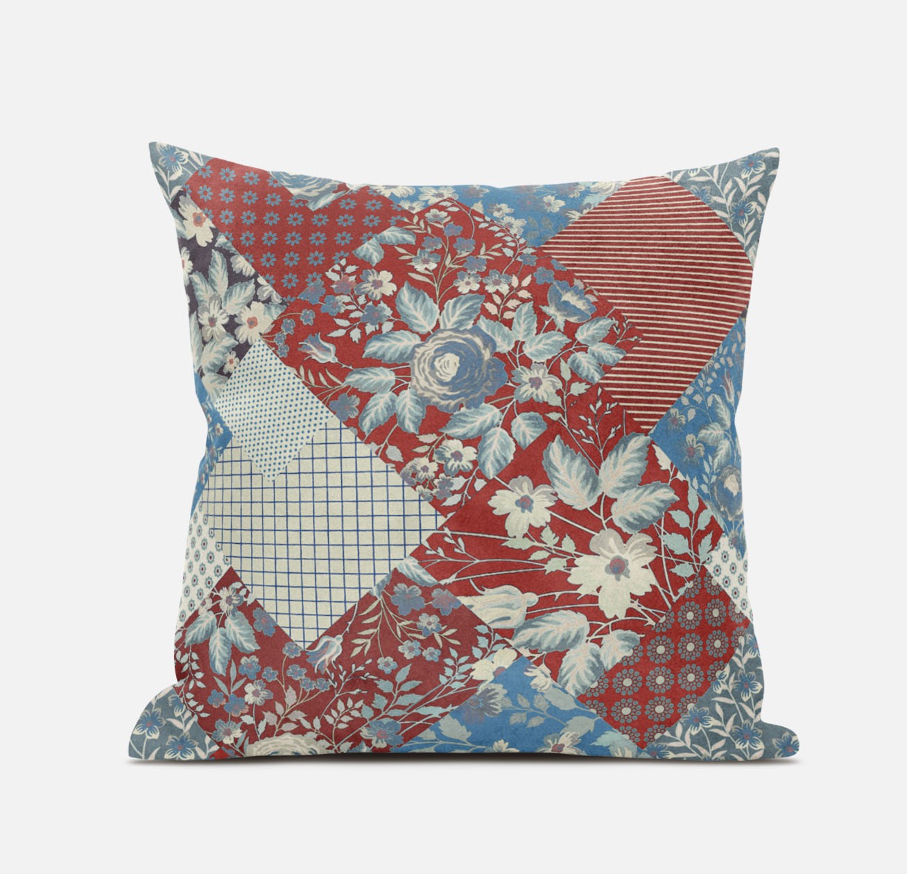 18" Aqua Red Floral Suede Throw Pillow-411475-1