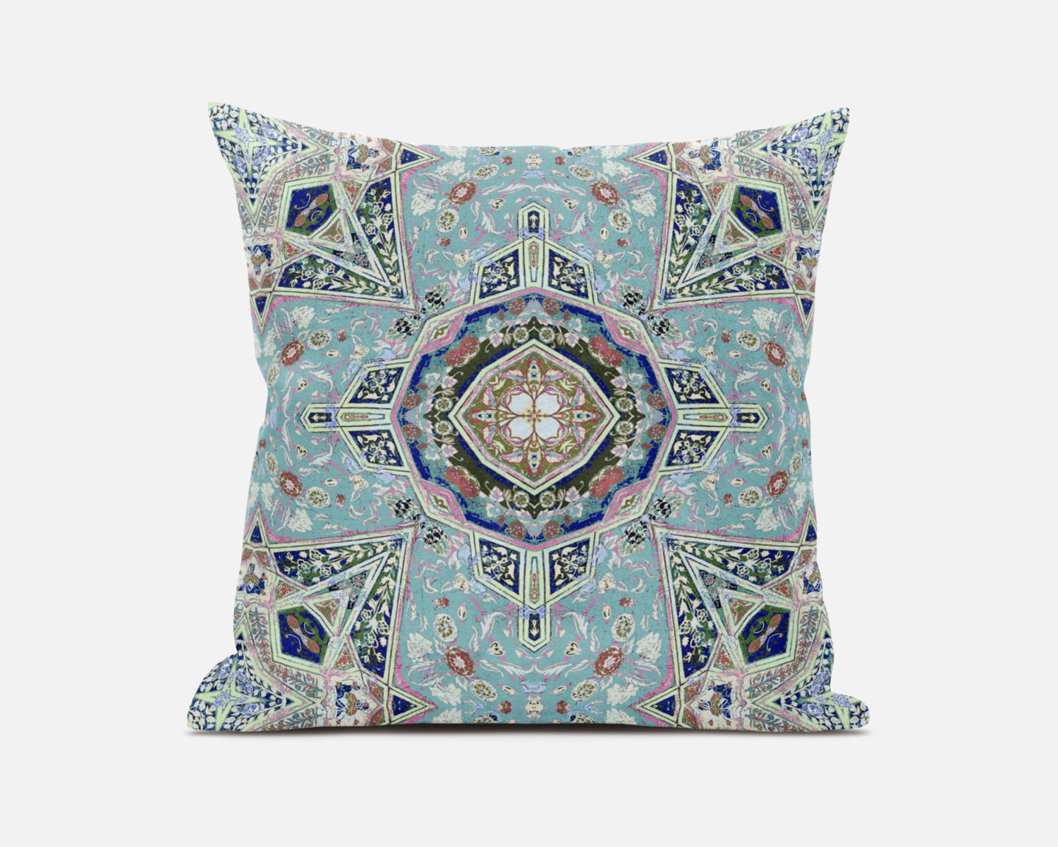 18" Aqua Blue Floral Geometric Suede Throw Pillow-411875-1