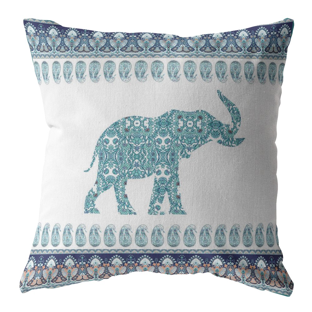 18” Teal Ornate Elephant Indoor Outdoor Throw Pillow-412277-1