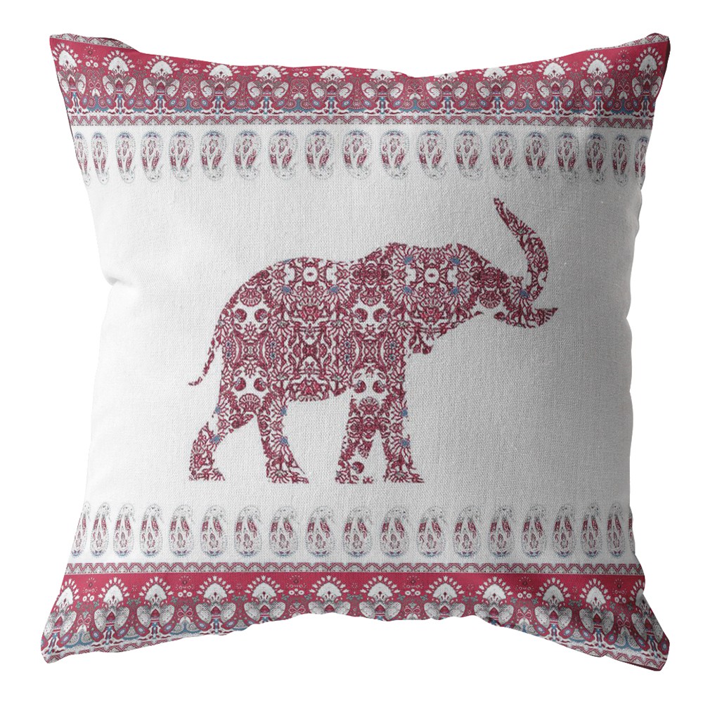 18” Red White Ornate Elephant Indoor Outdoor Throw Pillow-412282-1