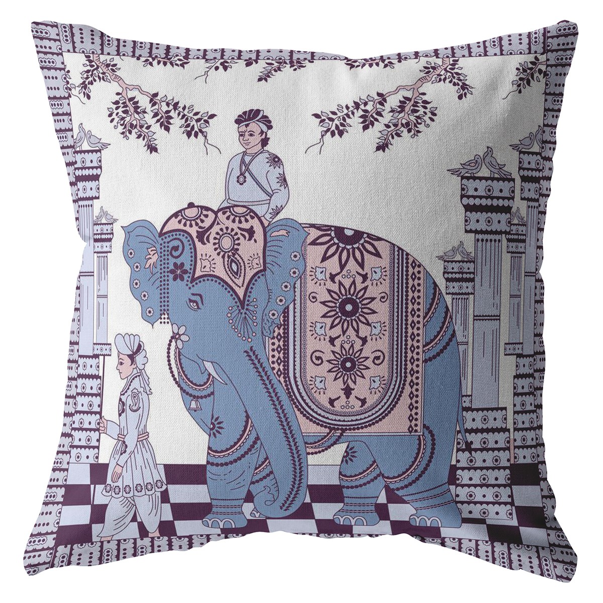 18” Blue Purple Ornate Elephant Indoor Outdoor Throw Pillow-412292-1