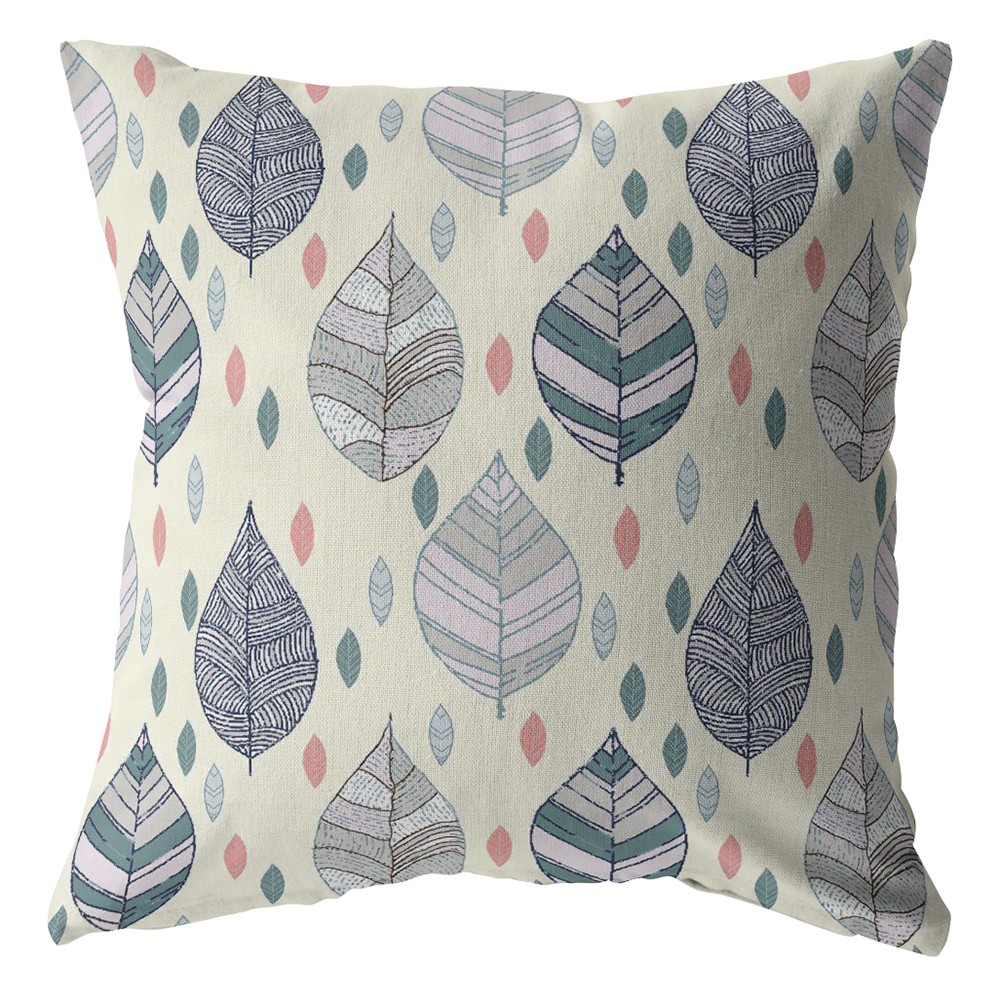 18” Cream Gray Leaves Indoor Outdoor Throw Pillow-412302-1