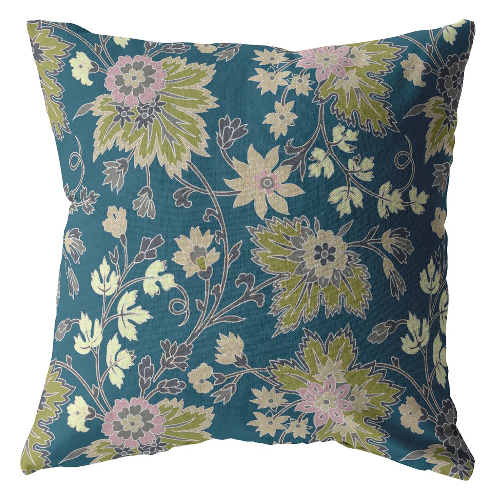 18” Teal Green Jacobean Indoor Outdoor Throw Pillow-412307-1