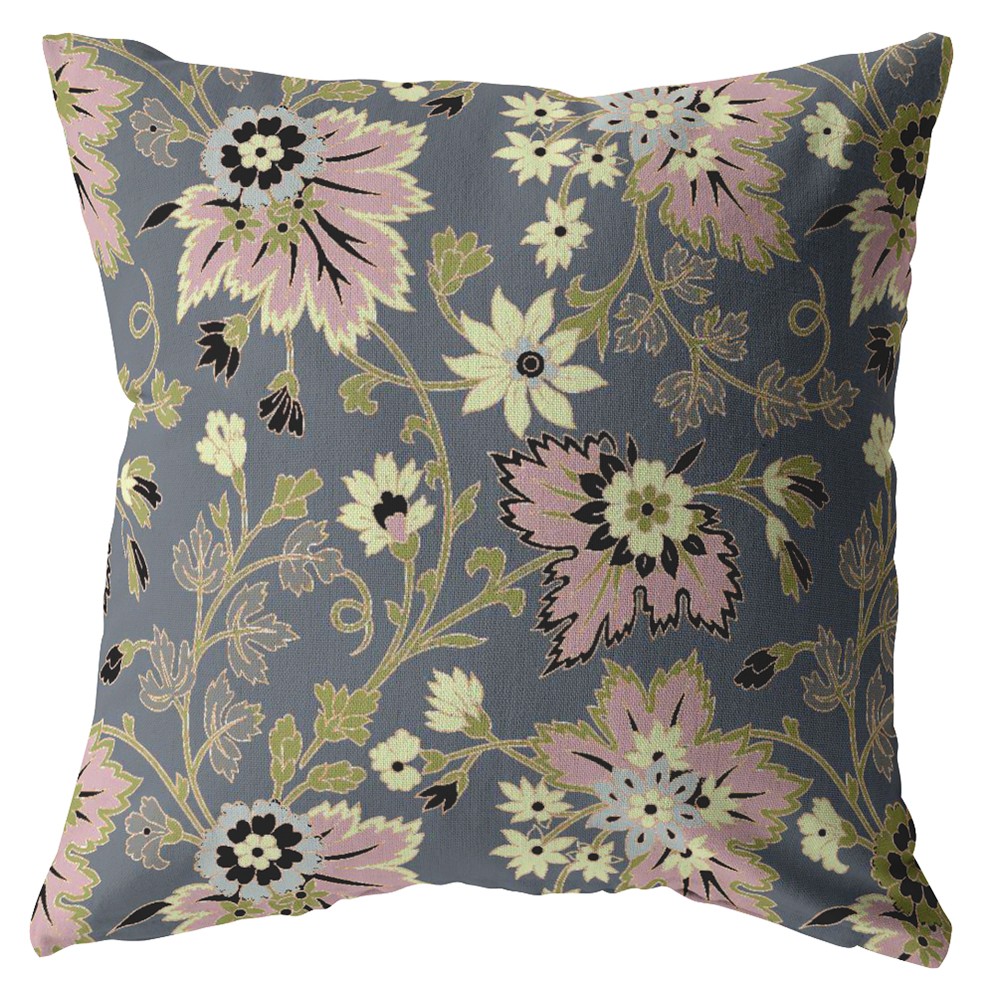 18” Gray Pink Jacobean Indoor Outdoor Throw Pillow-412312-1
