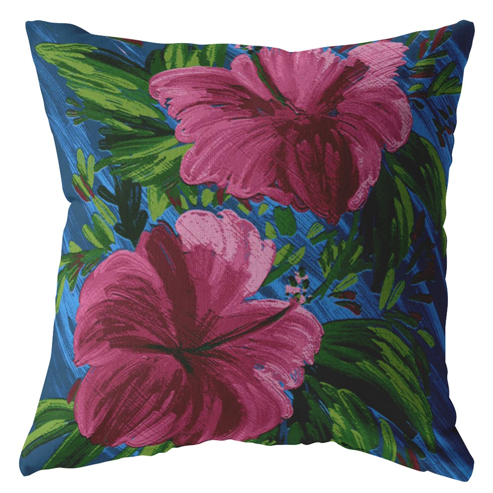 18” Pink Blue Hibiscus Indoor Outdoor Throw Pillow-412377-1