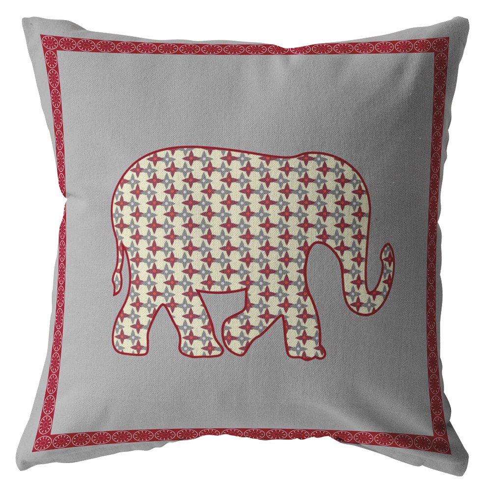 20” Red Gray Elephant Indoor Outdoor Throw Pillow-412448-1