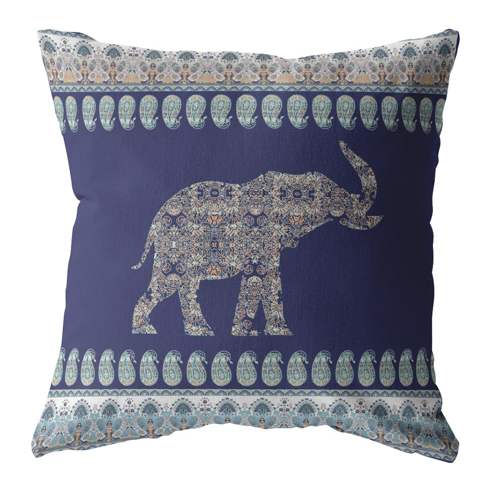 18” Navy Ornate Elephant Indoor Outdoor Throw Pillow-412492-1