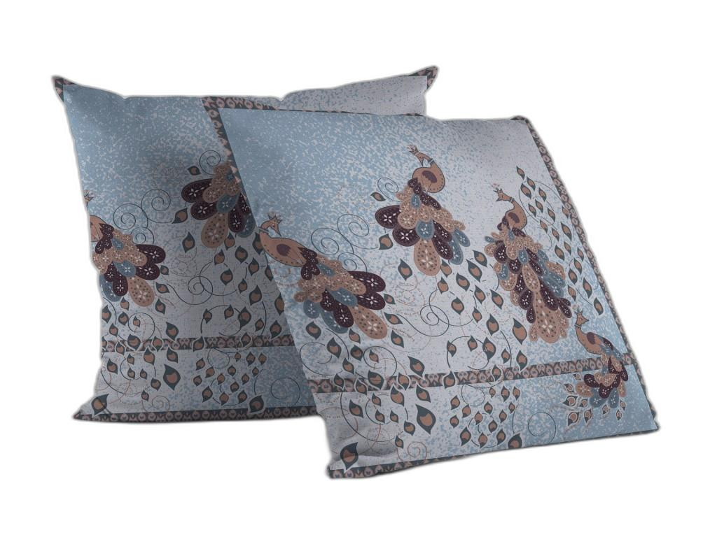 18” Blue Brown Boho Bird Indoor Outdoor Throw Pillow-412502-1