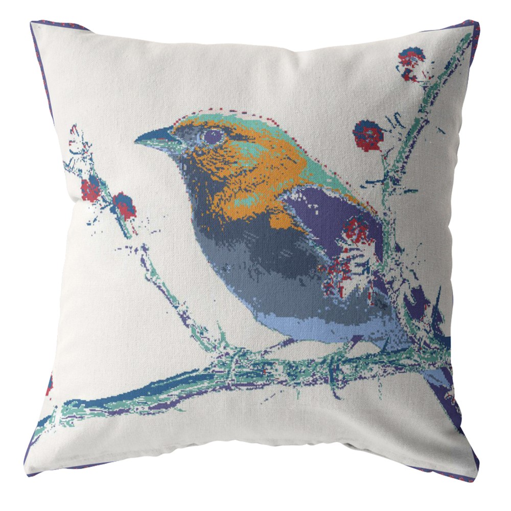 20” Blue White Robin Indoor Outdoor Throw Pillow-412518-1