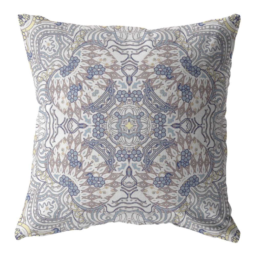 18” Yellow Gray Boho Ornate Indoor Outdoor Throw Pillow-412577-1