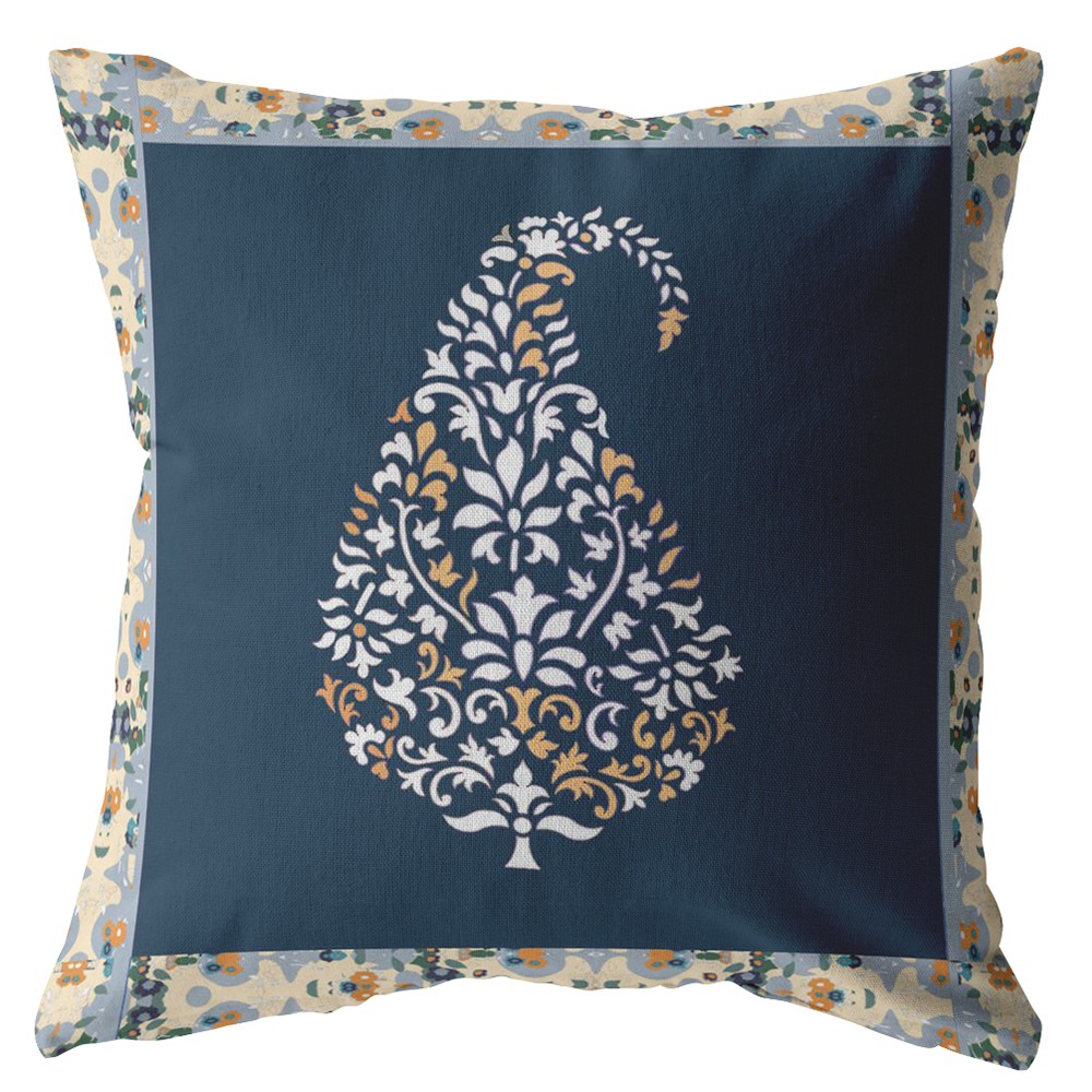 18” Orange Navy Paisley Indoor Outdoor Throw Pillow-412632-1