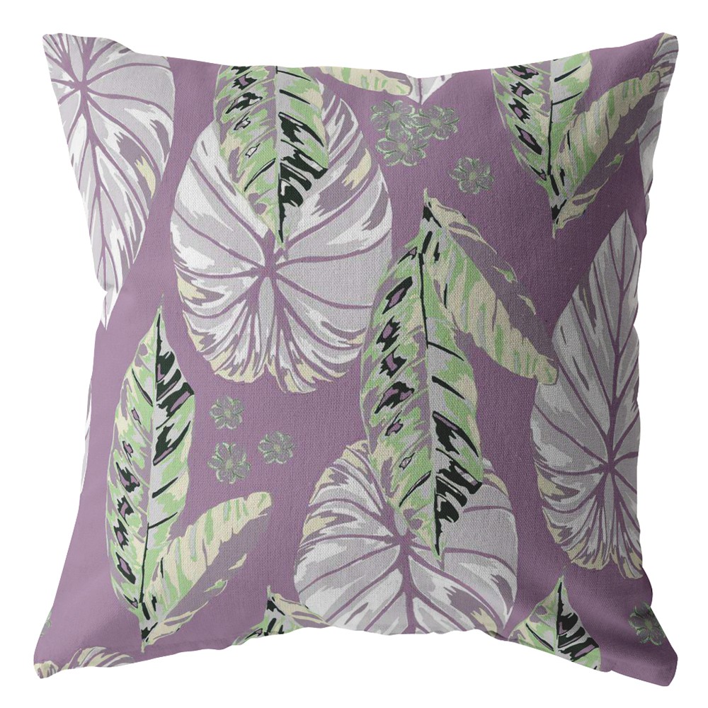18” White Purple Tropical Leaf Indoor Outdoor Throw Pillow-412637-1