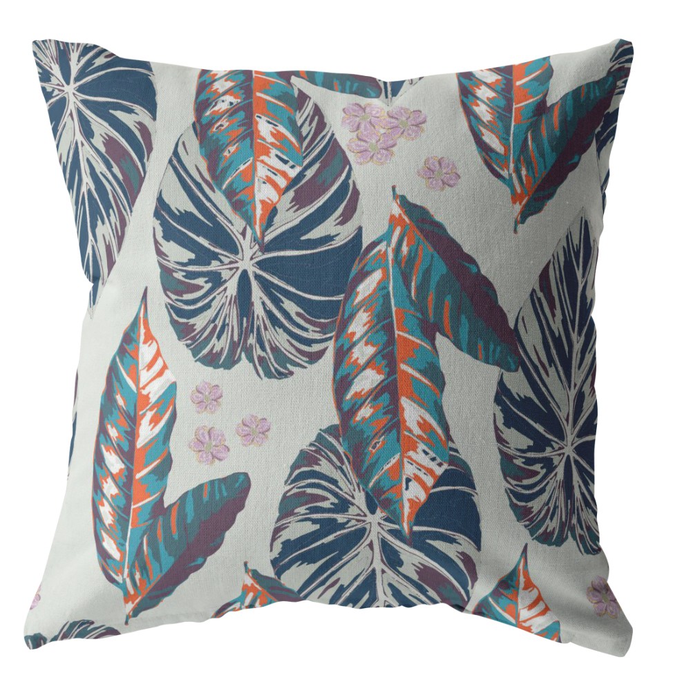 18” Blue Gray Tropical Leaf Indoor Outdoor Throw Pillow-412657-1