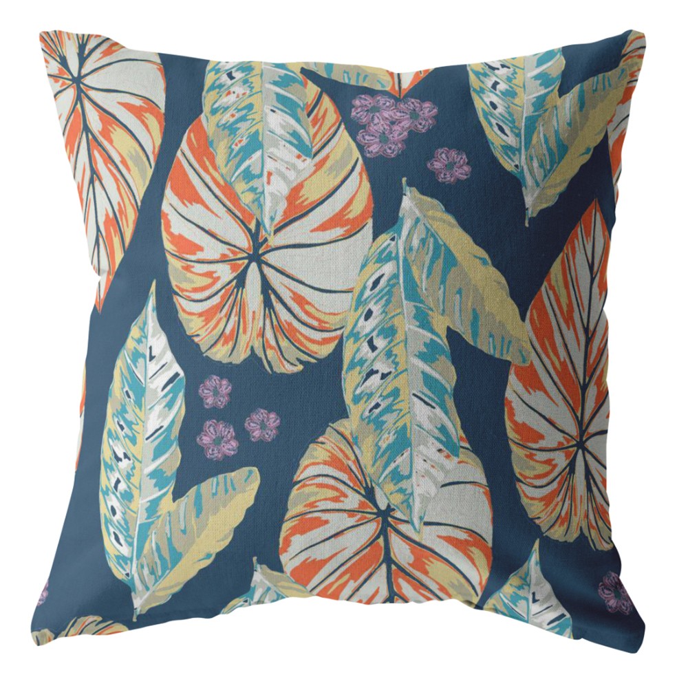18” Orange Blue Tropical Leaf Indoor Outdoor Throw Pillow-412667-1