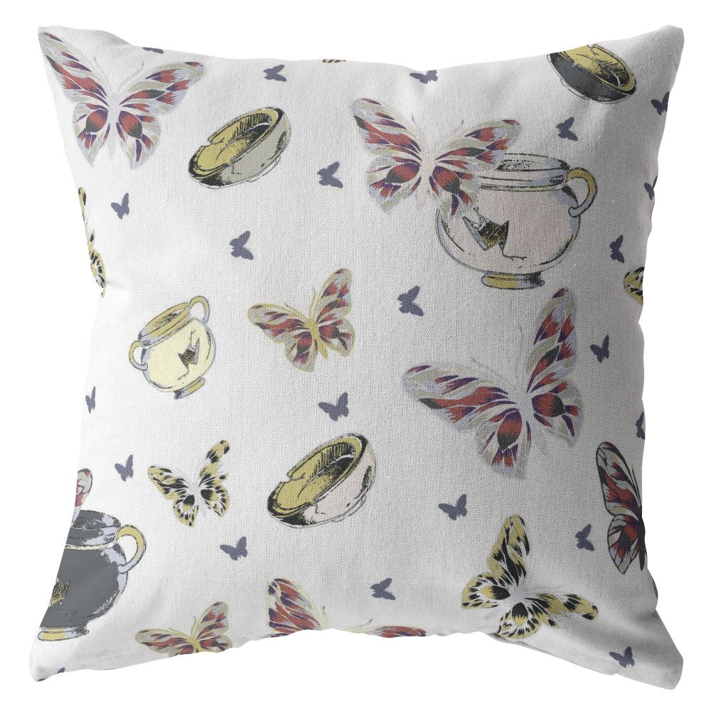 18" White Butterflies Indoor Outdoor Zippered Throw Pillow-412702-1
