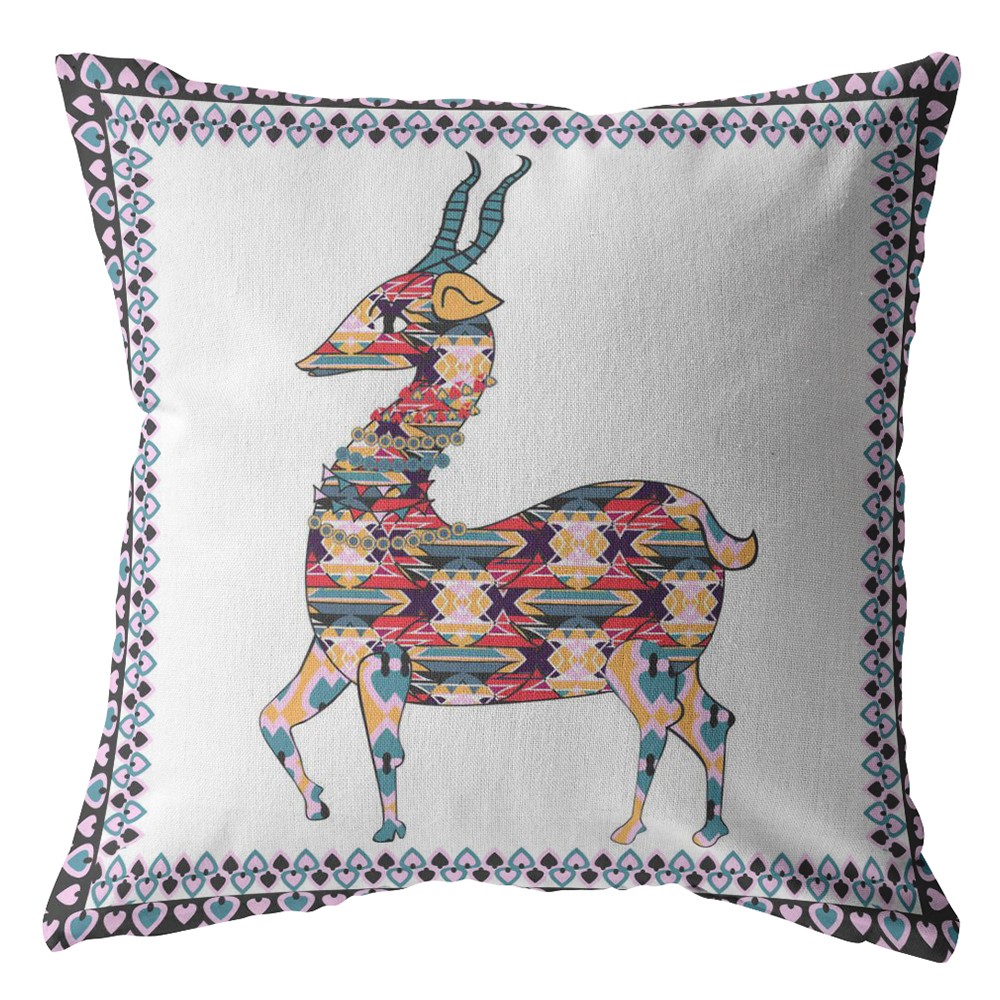 20" Blue White Boho Deer Indoor Outdoor Zippered Throw Pillow-412755-1