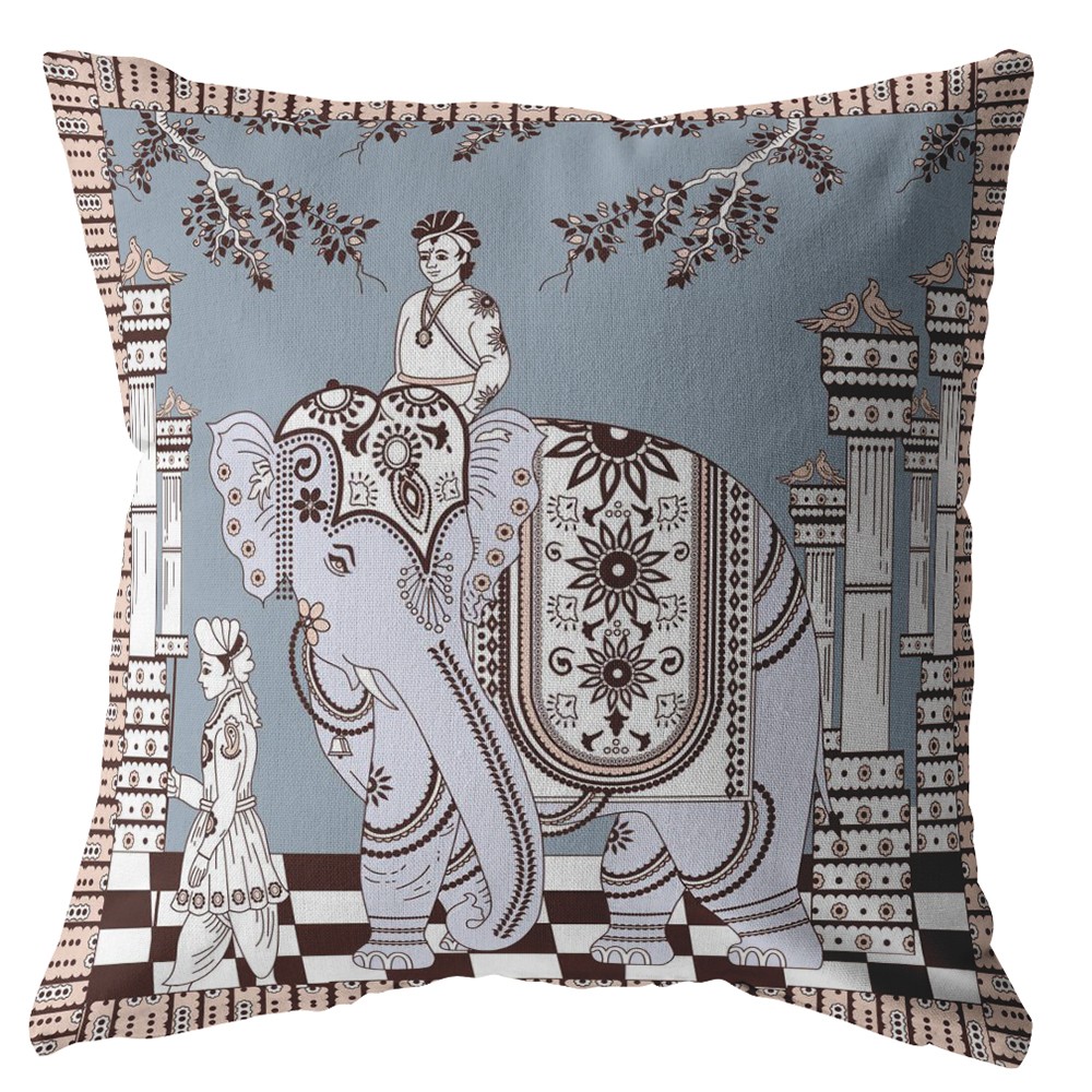 18” Blue Brown Ornate Elephant Indoor Outdoor Zippered Throw Pillow-412790-1