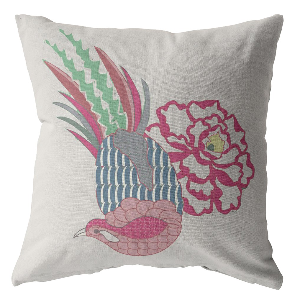 20” Pink White Peacock Indoor Outdoor Zippered Throw Pillow-412823-1