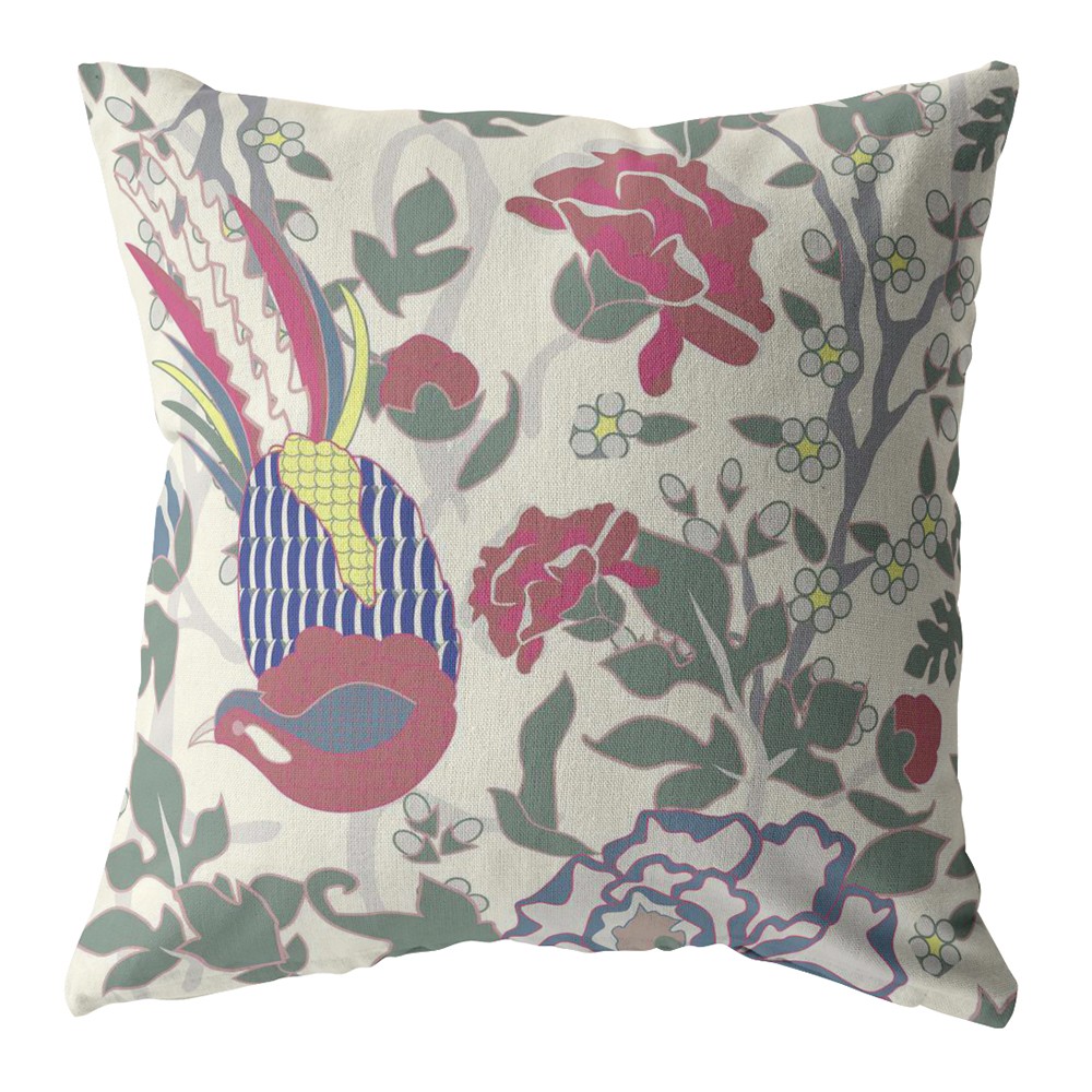 18” Pink Sage Peacock Indoor Outdoor Zippered Throw Pillow-412830-1